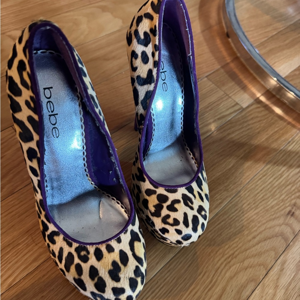 Bebe Leopard Print Heels with Purple Accents